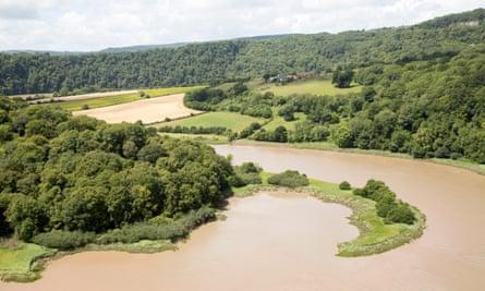 View north towards Lancaut over incised meander, gorge and river spit, River Wye, near Chepstow, Monmouthshire, Wales, UK
