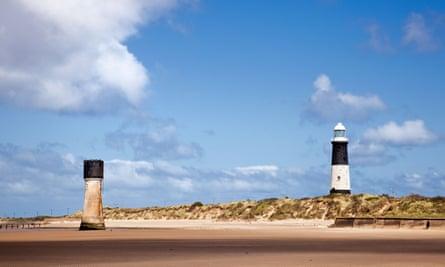 Old Spurn Point Low Light and the newer Lighthouse at Spurn Head, East Yorkshire, England UK.