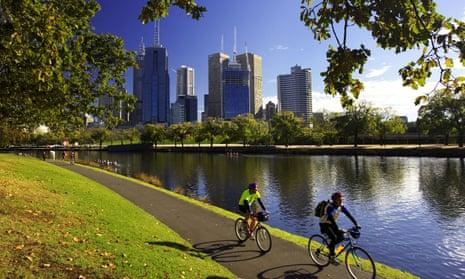 Cyclists on the Yarra river trail in Melbourne.